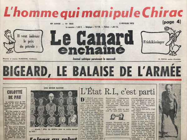 Couac ! | N° 2832 du Canard Enchaîné - 5 Février 1975 | Nos Exemplaires du Canard Enchaîné sont archivés dans de bonnes conditions de conservation (obscurité, hygrométrie maitrisée et faible température), ce qui s'avère indispensable pour des journaux anciens. | 2832