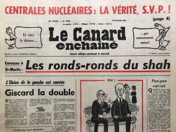 Couac ! | N° 2834 du Canard Enchaîné - 19 Février 1975 | Nos Exemplaires du Canard Enchaîné sont archivés dans de bonnes conditions de conservation (obscurité, hygrométrie maitrisée et faible température), ce qui s'avère indispensable pour des journaux anciens. | 2834