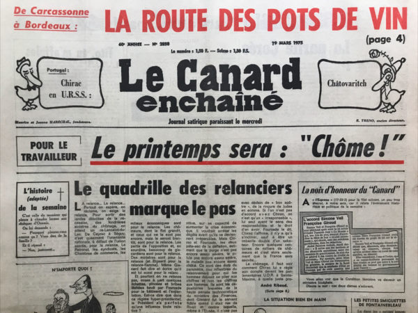 Couac ! | N° 2838 du Canard Enchaîné - 19 Mars 1975 | Nos Exemplaires du Canard Enchaîné sont archivés dans de bonnes conditions de conservation (obscurité, hygrométrie maitrisée et faible température), ce qui s'avère indispensable pour des journaux anciens. | 2838