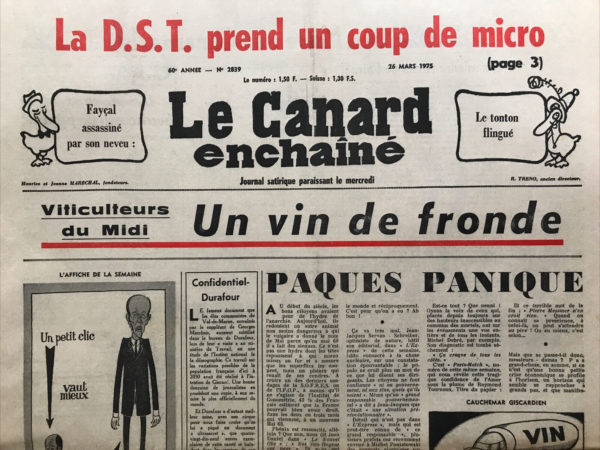 Couac ! | N° 2839 du Canard Enchaîné - 26 Mars 1975 | Nos Exemplaires du Canard Enchaîné sont archivés dans de bonnes conditions de conservation (obscurité, hygrométrie maitrisée et faible température), ce qui s'avère indispensable pour des journaux anciens. | 2839