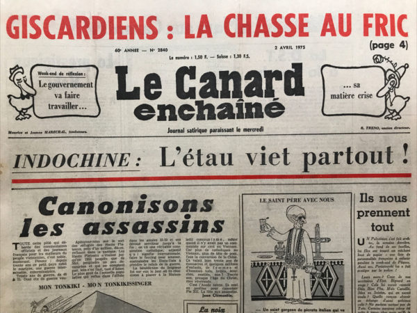 Couac ! | N° 2840 du Canard Enchaîné - 2 Avril 1975 | Nos Exemplaires du Canard Enchaîné sont archivés dans de bonnes conditions de conservation (obscurité, hygrométrie maitrisée et faible température), ce qui s'avère indispensable pour des journaux anciens. | 2840