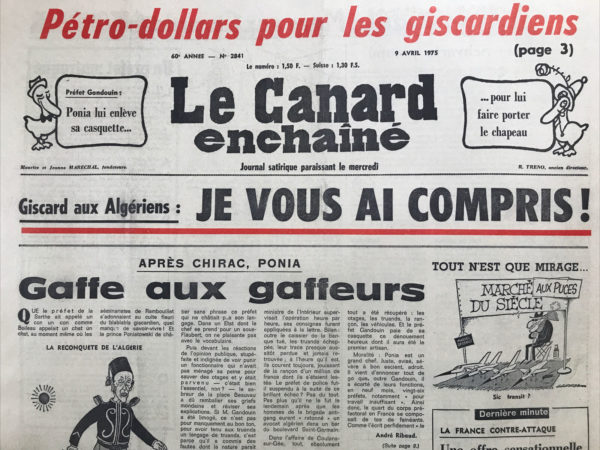 Couac ! | N° 2841 du Canard Enchaîné - 9 Avril 1975 | Nos Exemplaires du Canard Enchaîné sont archivés dans de bonnes conditions de conservation (obscurité, hygrométrie maitrisée et faible température), ce qui s'avère indispensable pour des journaux anciens. | 2841