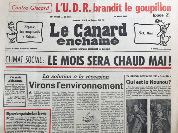 Couac ! | N° 2844 du Canard Enchaîné - 30 Avril 1975 | Nos Exemplaires du Canard Enchaîné sont archivés dans de bonnes conditions de conservation (obscurité, hygrométrie maitrisée et faible température), ce qui s'avère indispensable pour des journaux anciens. | 2844