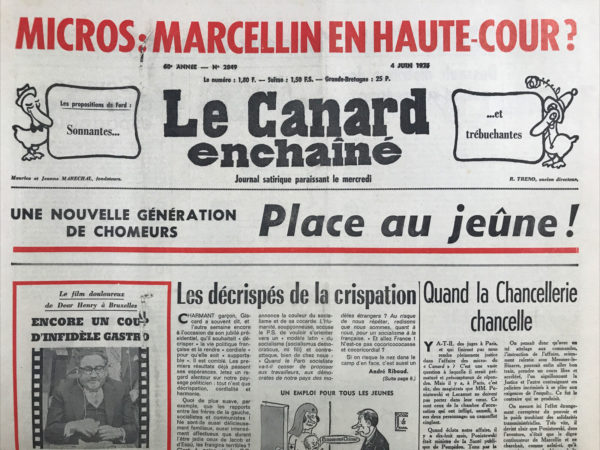 Couac ! | N° 2849 du Canard Enchaîné - 4 Juin 1975 | Nos Exemplaires du Canard Enchaîné sont archivés dans de bonnes conditions de conservation (obscurité, hygrométrie maitrisée et faible température), ce qui s'avère indispensable pour des journaux anciens. | 2849