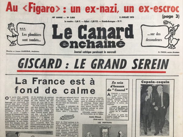 Couac ! | N° 2853 du Canard Enchaîné - 2 Juillet 1975 | Nos Exemplaires du Canard Enchaîné sont archivés dans de bonnes conditions de conservation (obscurité, hygrométrie maitrisée et faible température), ce qui s'avère indispensable pour des journaux anciens. | 2853