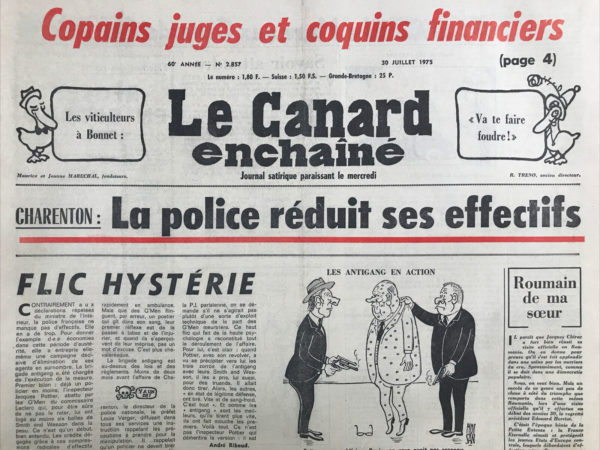 Couac ! | N° 2857 du Canard Enchaîné - 30 Juillet 1975 | Nos Exemplaires du Canard Enchaîné sont archivés dans de bonnes conditions de conservation (obscurité, hygrométrie maitrisée et faible température), ce qui s'avère indispensable pour des journaux anciens. | 2857