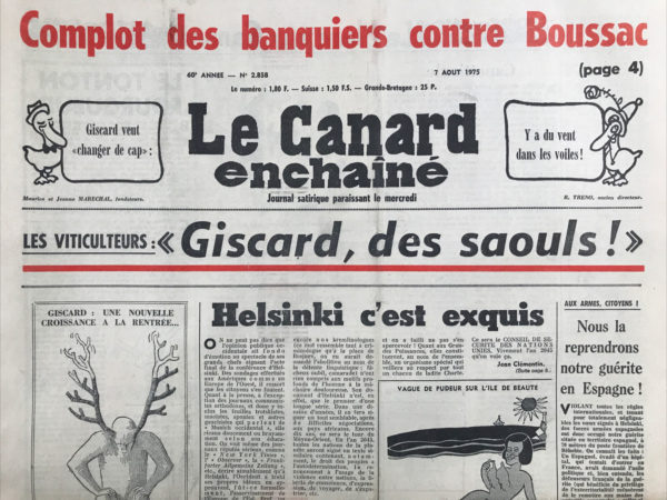 Couac ! | N° 2858 du Canard Enchaîné - 6 Août 1975 | Nos Exemplaires du Canard Enchaîné sont archivés dans de bonnes conditions de conservation (obscurité, hygrométrie maitrisée et faible température), ce qui s'avère indispensable pour des journaux anciens. | 2858