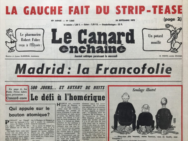 Couac ! | N° 2865 du Canard Enchaîné - 24 Septembre 1975 | Nos Exemplaires du Canard Enchaîné sont archivés dans de bonnes conditions de conservation (obscurité, hygrométrie maitrisée et faible température), ce qui s'avère indispensable pour des journaux anciens. | 2865