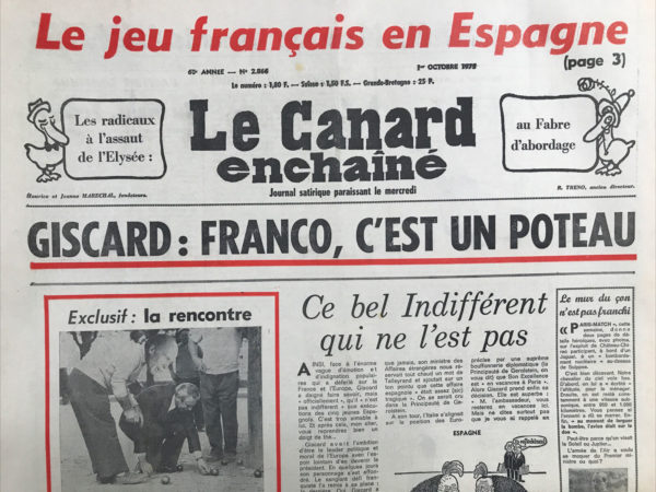 Couac ! | N° 2866 du Canard Enchaîné - 1 Octobre 1975 | Nos Exemplaires du Canard Enchaîné sont archivés dans de bonnes conditions de conservation (obscurité, hygrométrie maitrisée et faible température), ce qui s'avère indispensable pour des journaux anciens. | 2866