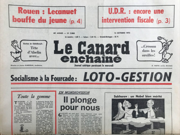 Couac ! | N° 2868 du Canard Enchaîné - 15 Octobre 1975 | Nos Exemplaires du Canard Enchaîné sont archivés dans de bonnes conditions de conservation (obscurité, hygrométrie maitrisée et faible température), ce qui s'avère indispensable pour des journaux anciens. | 2868