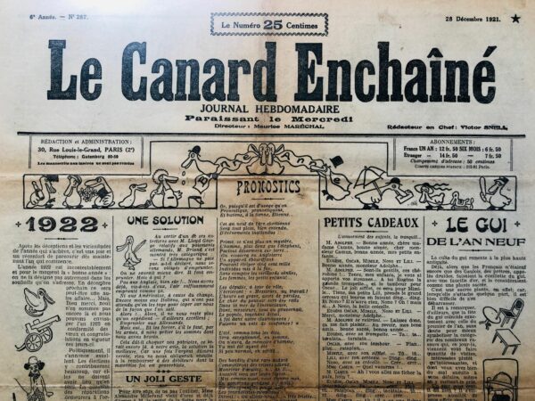 Couac ! | N° 287 du Canard Enchaîné - 28 Décembre 1921 | Nos Exemplaires du Canard Enchaîné sont archivés dans de bonnes conditions de conservation (obscurité, hygrométrie maitrisée et faible température), ce qui s'avère indispensable pour des journaux anciens. | 287 rotated