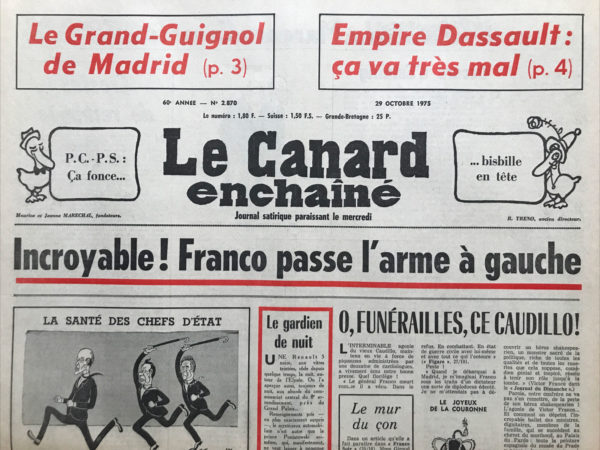 Couac ! | N° 2870 du Canard Enchaîné - 29 Octobre 1975 | Nos Exemplaires du Canard Enchaîné sont archivés dans de bonnes conditions de conservation (obscurité, hygrométrie maitrisée et faible température), ce qui s'avère indispensable pour des journaux anciens. | 2870