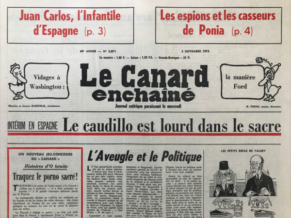 Couac ! | N° 2871 du Canard Enchaîné - 5 Novembre 1975 | Nos Exemplaires du Canard Enchaîné sont archivés dans de bonnes conditions de conservation (obscurité, hygrométrie maitrisée et faible température), ce qui s'avère indispensable pour des journaux anciens. | 2871