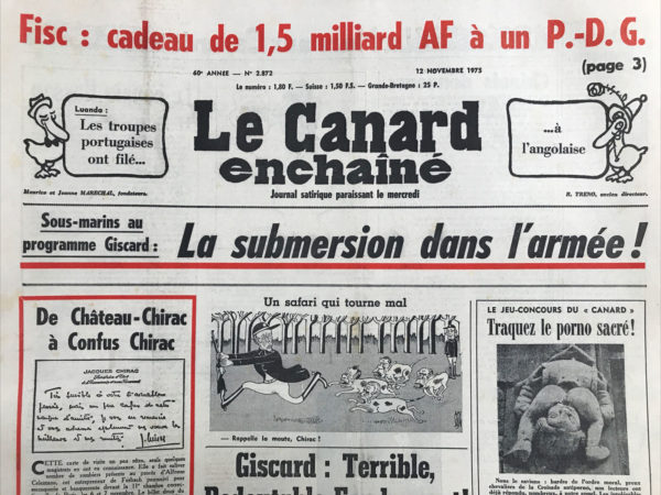 Couac ! | N° 2872 du Canard Enchaîné - 12 Novembre 1975 | Nos Exemplaires du Canard Enchaîné sont archivés dans de bonnes conditions de conservation (obscurité, hygrométrie maitrisée et faible température), ce qui s'avère indispensable pour des journaux anciens. | 2872