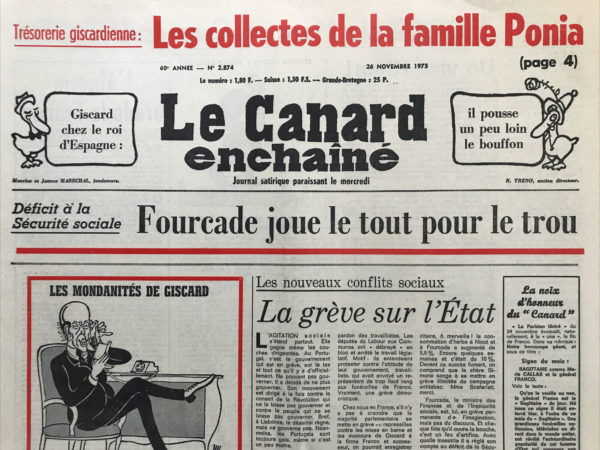 Couac ! | N° 2874 du Canard Enchaîné - 26 Novembre 1975 | Nos Exemplaires du Canard Enchaîné sont archivés dans de bonnes conditions de conservation (obscurité, hygrométrie maitrisée et faible température), ce qui s'avère indispensable pour des journaux anciens. | 2874