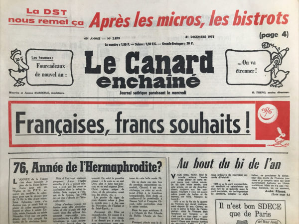 Couac ! | N° 2879 du Canard Enchaîné - 31 Décembre 1975 | Nos Exemplaires du Canard Enchaîné sont archivés dans de bonnes conditions de conservation (obscurité, hygrométrie maitrisée et faible température), ce qui s'avère indispensable pour des journaux anciens. | 2879