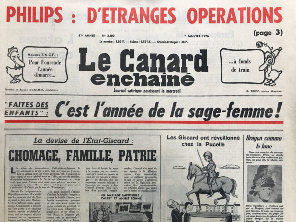 Couac ! | N° 2880 du Canard Enchaîné - 7 Janvier 1976 | Nos Exemplaires du Canard Enchaîné sont archivés dans de bonnes conditions de conservation (obscurité, hygrométrie maitrisée et faible température), ce qui s'avère indispensable pour des journaux anciens. | 2880