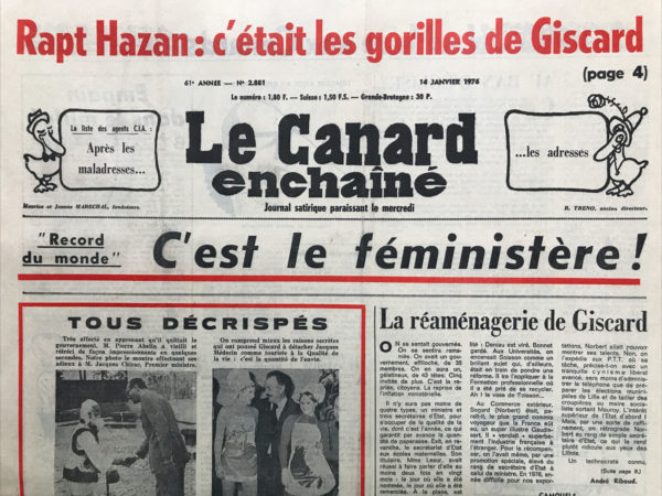 Couac ! | N° 2881 du Canard Enchaîné - 14 Janvier 1976 | Nos Exemplaires du Canard Enchaîné sont archivés dans de bonnes conditions de conservation (obscurité, hygrométrie maitrisée et faible température), ce qui s'avère indispensable pour des journaux anciens. | 2881