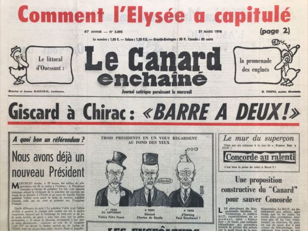 Couac ! | N° 2892 du Canard Enchaîné - 31 Mars 1976 | Nos Exemplaires du Canard Enchaîné sont archivés dans de bonnes conditions de conservation (obscurité, hygrométrie maitrisée et faible température), ce qui s'avère indispensable pour des journaux anciens. | 2892