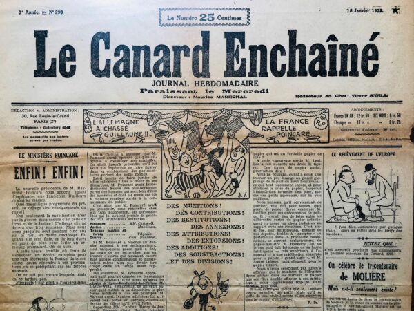 Couac ! | N° 290 du Canard Enchaîné - 18 Janvier 1922 | Nos Exemplaires du Canard Enchaîné sont archivés dans de bonnes conditions de conservation (obscurité, hygrométrie maitrisée et faible température), ce qui s'avère indispensable pour des journaux anciens. | 290 rotated