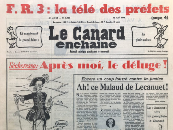 Couac ! | N° 2903 du Canard Enchaîné - 16 Juin 1976 | Nos Exemplaires du Canard Enchaîné sont archivés dans de bonnes conditions de conservation (obscurité, hygrométrie maitrisée et faible température), ce qui s'avère indispensable pour des journaux anciens. | 2903