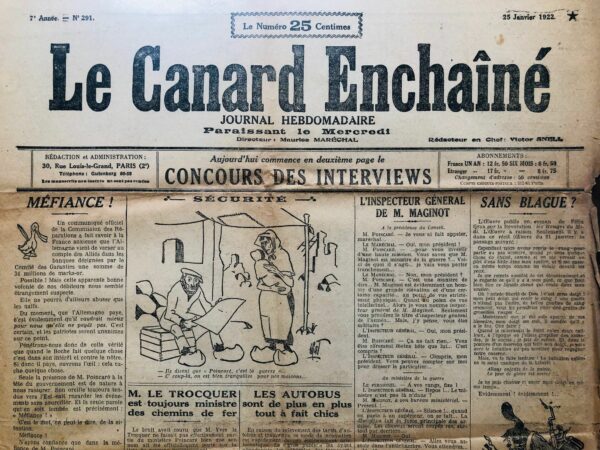 Couac ! | N° 291 du Canard Enchaîné - 25 Janvier 1922 | Nos Exemplaires du Canard Enchaîné sont archivés dans de bonnes conditions de conservation (obscurité, hygrométrie maitrisée et faible température), ce qui s'avère indispensable pour des journaux anciens. | 291 rotated