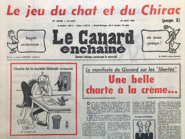 Couac ! | N° 2913 du Canard Enchaîné - 25 Août 1976 | Nos Exemplaires du Canard Enchaîné sont archivés dans de bonnes conditions de conservation (obscurité, hygrométrie maitrisée et faible température), ce qui s'avère indispensable pour des journaux anciens. | 2913