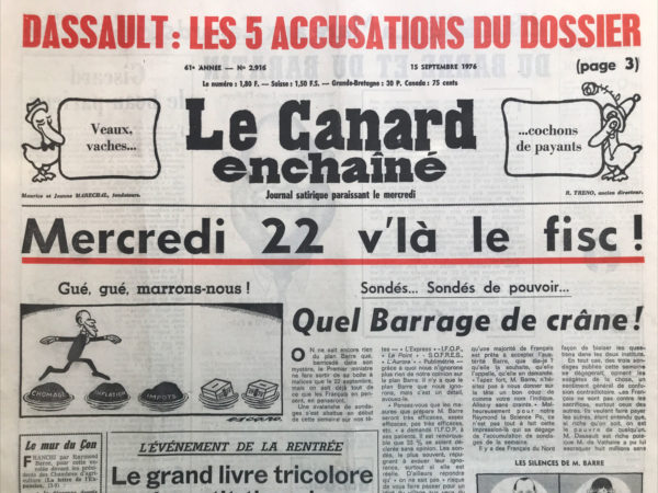 Couac ! | N° 2916 du Canard Enchaîné - 15 Septembre 1976 | CINEMA PAR JEAN-PAUL GROUSSET: BARRY LYNDON (LA GRANDE ESBROUFE), STANLEY KUBRICK - LETTRES OU PAS LETTRES PAR YVON AUDOUARD: LE GONCOURT POUR MANCERON | 2916