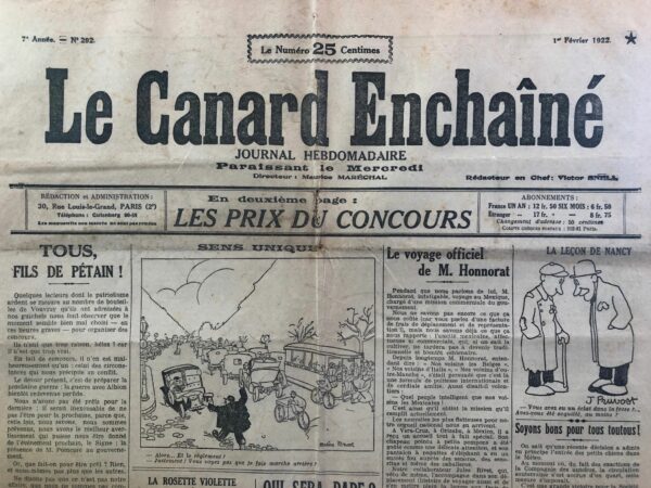 Couac ! | N° 292 du Canard Enchaîné - 1 Février 1922 | Nos Exemplaires du Canard Enchaîné sont archivés dans de bonnes conditions de conservation (obscurité, hygrométrie maitrisée et faible température), ce qui s'avère indispensable pour des journaux anciens. | 292