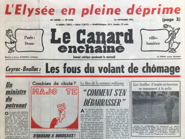 Couac ! | N° 2926 du Canard Enchaîné - 24 Novembre 1976 | Nos Exemplaires du Canard Enchaîné sont archivés dans de bonnes conditions de conservation (obscurité, hygrométrie maitrisée et faible température), ce qui s'avère indispensable pour des journaux anciens. | 2926