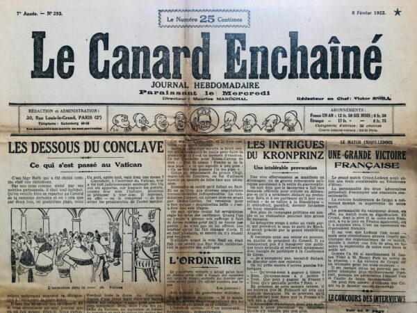 Couac ! | N° 293 du Canard Enchaîné - 8 Février 1922 | Nos Exemplaires du Canard Enchaîné sont archivés dans de bonnes conditions de conservation (obscurité, hygrométrie maitrisée et faible température), ce qui s'avère indispensable pour des journaux anciens. | 293 rotated