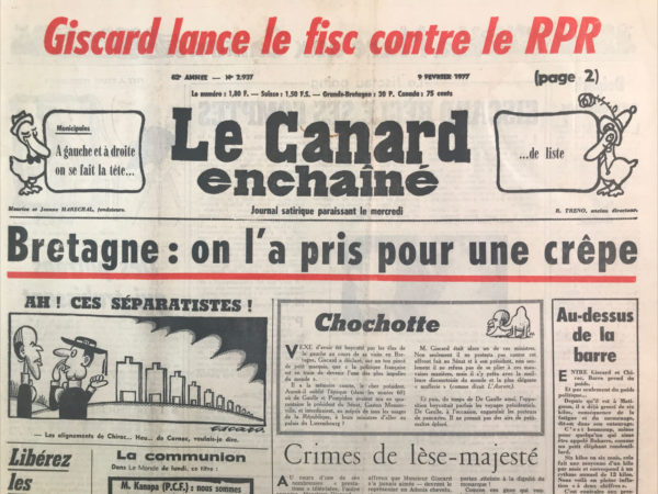 Couac ! | N° 2937 du Canard Enchaîné - 9 Février 1977 | Nos Exemplaires du Canard Enchaîné sont archivés dans de bonnes conditions de conservation (obscurité, hygrométrie maitrisée et faible température), ce qui s'avère indispensable pour des journaux anciens. | 2937