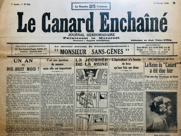 Couac ! | N° 294 du Canard Enchaîné - 15 Février 1922 | Le premier grand jeu-concours lancé par le Canard enchaîné fut "le référendum sur le chef de la tribu des bourreurs de crânes", en 1916, brillamment remporté par Gustave Hervé, le Directeur de La Guerre sociale, rebaptisée La Victoire. Jeux, concours, fausses interviews, toujours humoristiques, se poursuivirent pendant des années. Mais, en ce début 1922, la mode dans les journaux est d'élire leur miss. Alors, quelques journalistes du Canard descendent dans la rue, accostent la première jolie jeune femme qui passe et en font la "Reine du Canard". Gloire éphémère car Mlle Angèle Cardan disparut comme elle était venue... SP | 294 rotated e1708452074376