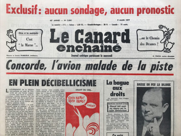 Couac ! | N° 2941 du Canard Enchaîné - 9 Mars 1977 | Nos Exemplaires du Canard Enchaîné sont archivés dans de bonnes conditions de conservation (obscurité, hygrométrie maitrisée et faible température), ce qui s'avère indispensable pour des journaux anciens. | 2941