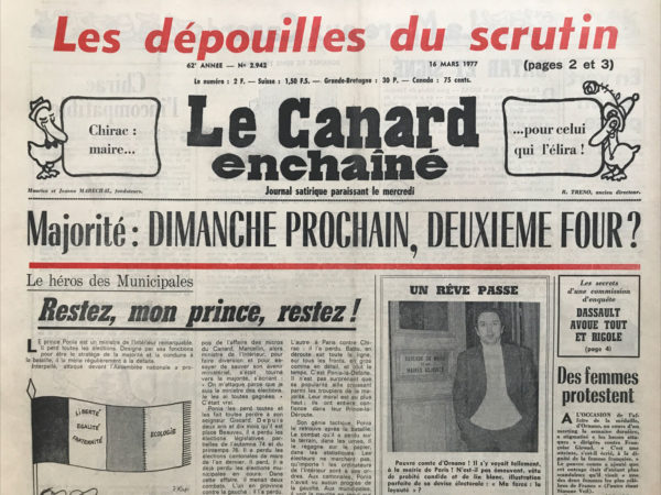 Couac ! | N° 2942 du Canard Enchaîné - 16 Mars 1977 | Nos Exemplaires du Canard Enchaîné sont archivés dans de bonnes conditions de conservation (obscurité, hygrométrie maitrisée et faible température), ce qui s'avère indispensable pour des journaux anciens. | 2942