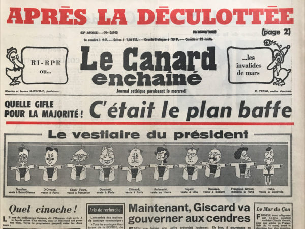 Couac ! | N° 2943 du Canard Enchaîné - 23 Mars 1977 | Nos Exemplaires du Canard Enchaîné sont archivés dans de bonnes conditions de conservation (obscurité, hygrométrie maitrisée et faible température), ce qui s'avère indispensable pour des journaux anciens. | 2943