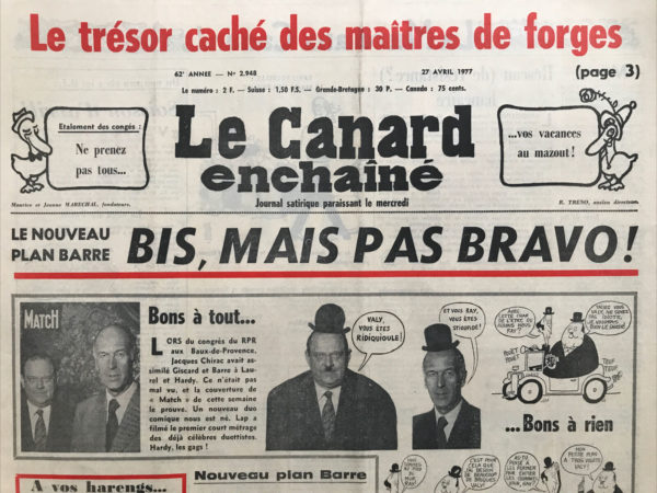 Couac ! | N° 2948 du Canard Enchaîné - 27 Avril 1977 | Nos Exemplaires du Canard Enchaîné sont archivés dans de bonnes conditions de conservation (obscurité, hygrométrie maitrisée et faible température), ce qui s'avère indispensable pour des journaux anciens. | 2948