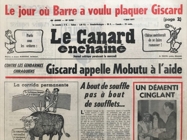 Couac ! | N° 2949 du Canard Enchaîné - 4 Mai 1977 | Nos Exemplaires du Canard Enchaîné sont archivés dans de bonnes conditions de conservation (obscurité, hygrométrie maitrisée et faible température), ce qui s'avère indispensable pour des journaux anciens. | 2949