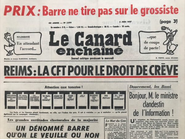 Couac ! | N° 2954 du Canard Enchaîné - 8 Juin 1977 | Nos Exemplaires du Canard Enchaîné sont archivés dans de bonnes conditions de conservation (obscurité, hygrométrie maitrisée et faible température), ce qui s'avère indispensable pour des journaux anciens. | 2954