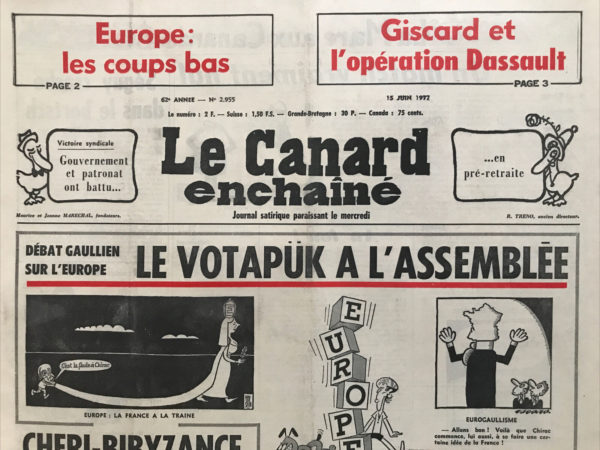 Couac ! | N° 2955 du Canard Enchaîné - 15 Juin 1977 | Nos Exemplaires du Canard Enchaîné sont archivés dans de bonnes conditions de conservation (obscurité, hygrométrie maitrisée et faible température), ce qui s'avère indispensable pour des journaux anciens. | 2955