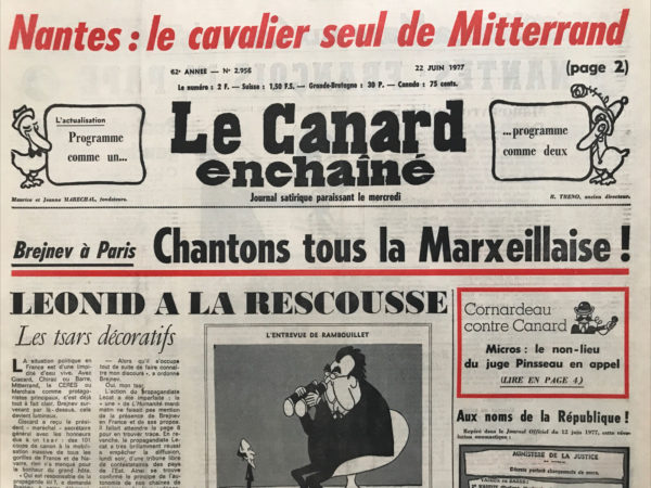 Couac ! | N° 2956 du Canard Enchaîné - 22 Juin 1977 | Nos Exemplaires du Canard Enchaîné sont archivés dans de bonnes conditions de conservation (obscurité, hygrométrie maitrisée et faible température), ce qui s'avère indispensable pour des journaux anciens. | 2956