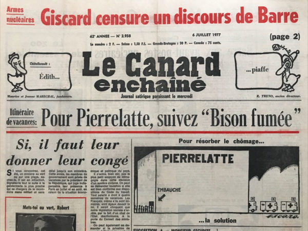 Couac ! | N° 2958 du Canard Enchaîné - 6 Juillet 1977 | Nos Exemplaires du Canard Enchaîné sont archivés dans de bonnes conditions de conservation (obscurité, hygrométrie maitrisée et faible température), ce qui s'avère indispensable pour des journaux anciens. | 2958