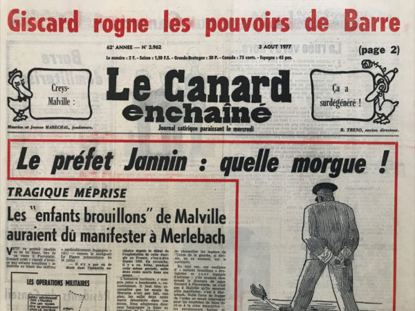 Couac ! | N° 2962 du Canard Enchaîné - 3 Août 1977 | Nos Exemplaires du Canard Enchaîné sont archivés dans de bonnes conditions de conservation (obscurité, hygrométrie maitrisée et faible température), ce qui s'avère indispensable pour des journaux anciens. | 2962