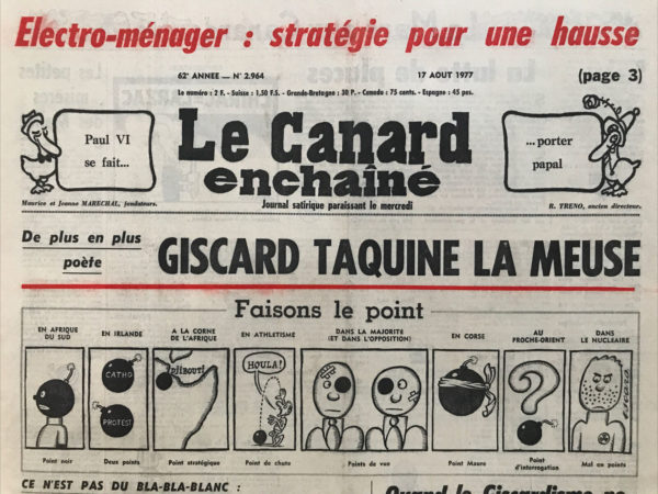 Couac ! | N° 2964 du Canard Enchaîné - 17 Août 1977 | Nos Exemplaires du Canard Enchaîné sont archivés dans de bonnes conditions de conservation (obscurité, hygrométrie maitrisée et faible température), ce qui s'avère indispensable pour des journaux anciens. | 2964