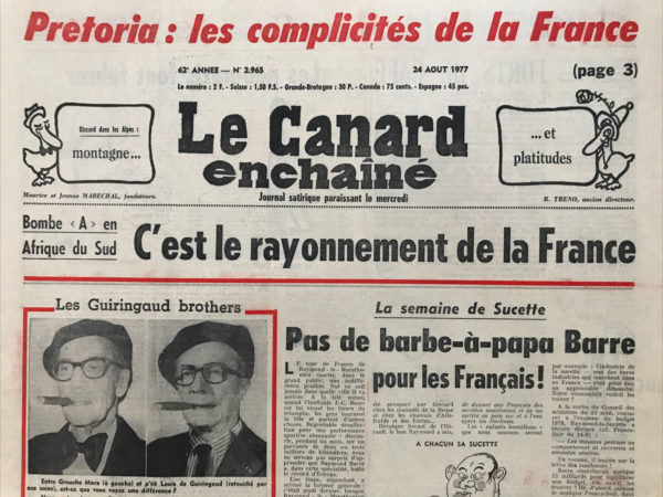 Couac ! | N° 2965 du Canard Enchaîné - 24 Août 1977 | Nos Exemplaires du Canard Enchaîné sont archivés dans de bonnes conditions de conservation (obscurité, hygrométrie maitrisée et faible température), ce qui s'avère indispensable pour des journaux anciens. | 2965