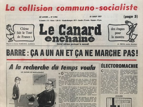 Couac ! | N° 2966 du Canard Enchaîné - 31 Août 1977 | Nos Exemplaires du Canard Enchaîné sont archivés dans de bonnes conditions de conservation (obscurité, hygrométrie maitrisée et faible température), ce qui s'avère indispensable pour des journaux anciens. | 2966