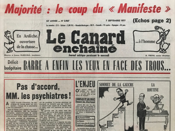 Couac ! | N° 2967 du Canard Enchaîné - 7 Septembre 1977 | Nos Exemplaires du Canard Enchaîné sont archivés dans de bonnes conditions de conservation (obscurité, hygrométrie maitrisée et faible température), ce qui s'avère indispensable pour des journaux anciens. | 2967