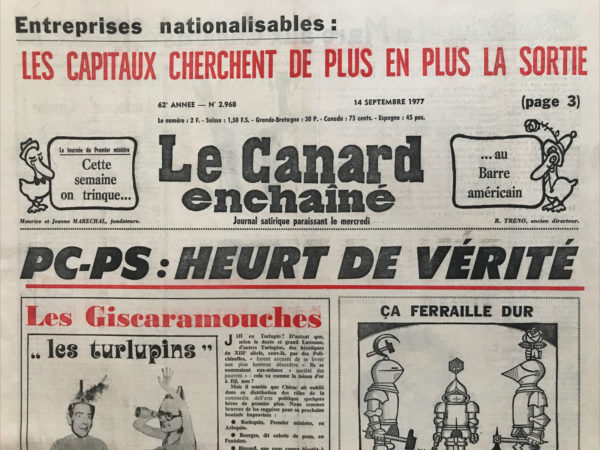 Couac ! | N° 2968 du Canard Enchaîné - 14 Septembre 1977 | Nos Exemplaires du Canard Enchaîné sont archivés dans de bonnes conditions de conservation (obscurité, hygrométrie maitrisée et faible température), ce qui s'avère indispensable pour des journaux anciens. | 2968