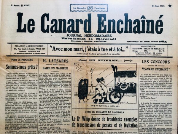 Couac ! | N° 297 du Canard Enchaîné - 8 Mars 1922 | Nos Exemplaires du Canard Enchaîné sont archivés dans de bonnes conditions de conservation (obscurité, hygrométrie maitrisée et faible température), ce qui s'avère indispensable pour des journaux anciens. | 297 rotated