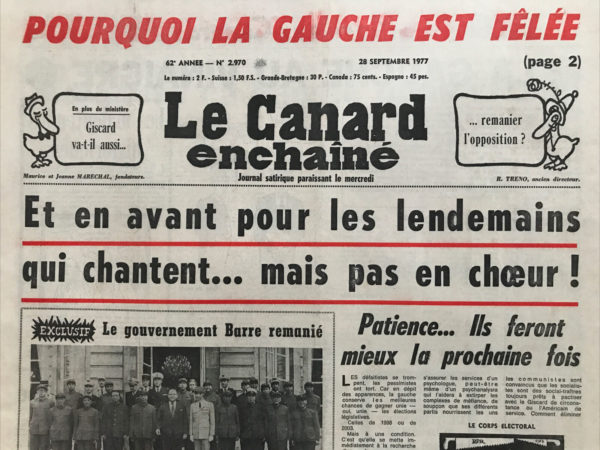 Couac ! | N° 2970 du Canard Enchaîné - 28 Septembre 1977 | Nos Exemplaires du Canard Enchaîné sont archivés dans de bonnes conditions de conservation (obscurité, hygrométrie maitrisée et faible température), ce qui s'avère indispensable pour des journaux anciens. | 2970